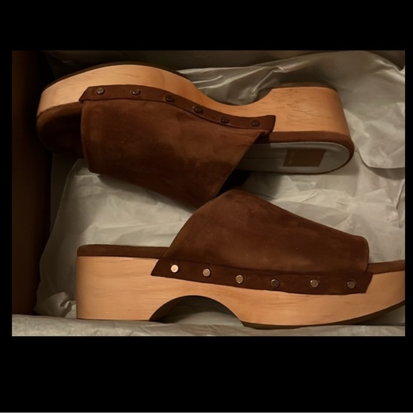 Dolce Vita Women's Dorado Open Toe Clogs Suede Leather Wood Heels Gold Hardware - Picture 5 of 14